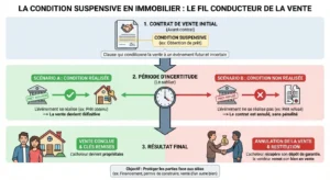 Infographie expliquant la condition suspensive en immobilier, scénarios de prêt accepté ou refusé et impact sur la vente d’un bien.