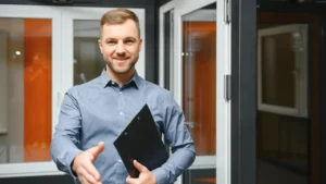 Signature d’une promesse de vente immobilière : agent immobilier tendant la main avec un dossier, illustrant l’engagement préalable entre vendeur et acheteur.