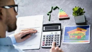 Calcul d’audit énergétique obligatoire avec facture, calculatrice et diagnostic thermique d’une maison, illustration de la réglementation obligatoire en 2025.